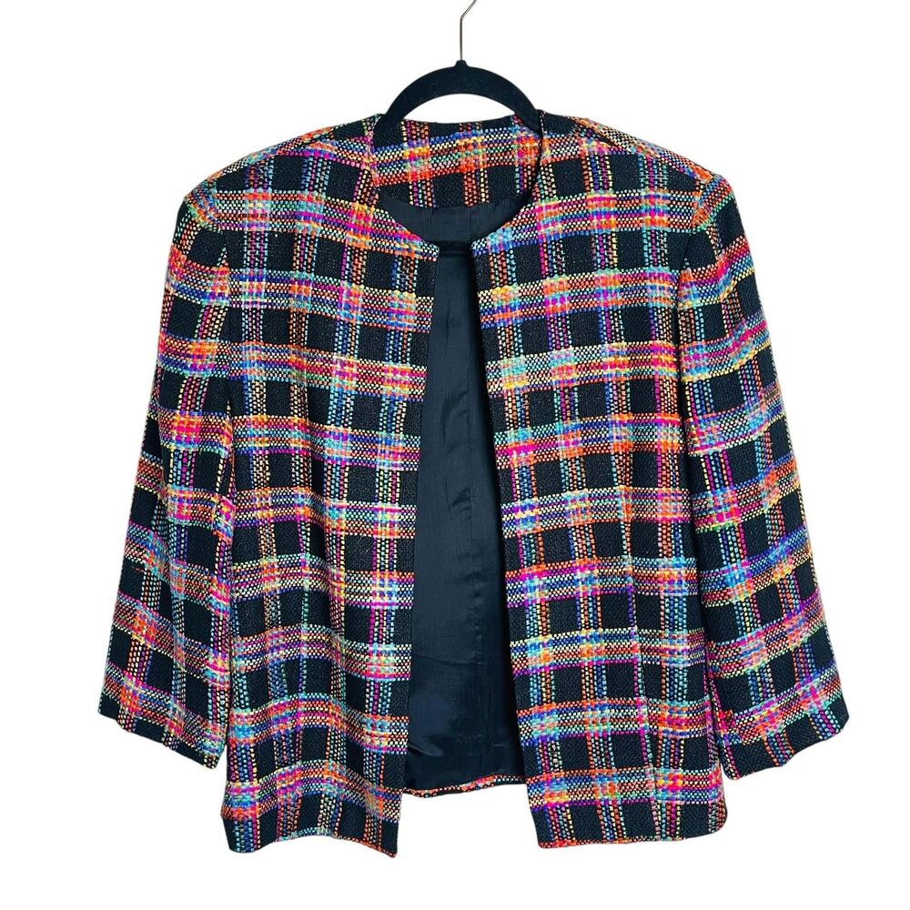 Doncaster Jacket Womens 10 Black Multicolor Plaid 100% Silk Open Front Blazer